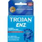 Trojan Enz condoms with spermicidal lubricant, latex material, displayed in a package for sexual protection and contraception.