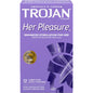 Trojan Her Pleasure Sensations lubricated latex condoms, shown in their packaging with a focus on the product design and branding.