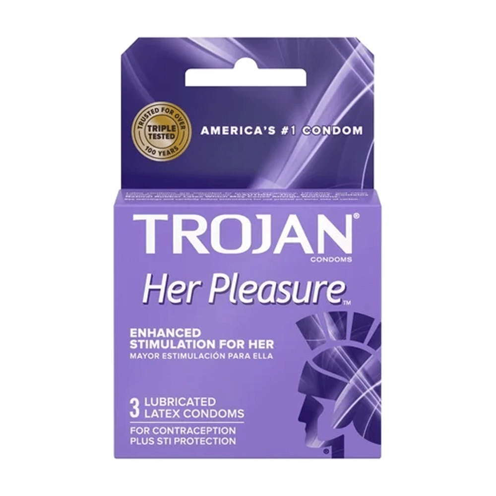 Trojan Her Pleasure Sensations lubricated premium latex condoms, 3-pack, with discreet packaging and visible condom wrappers.