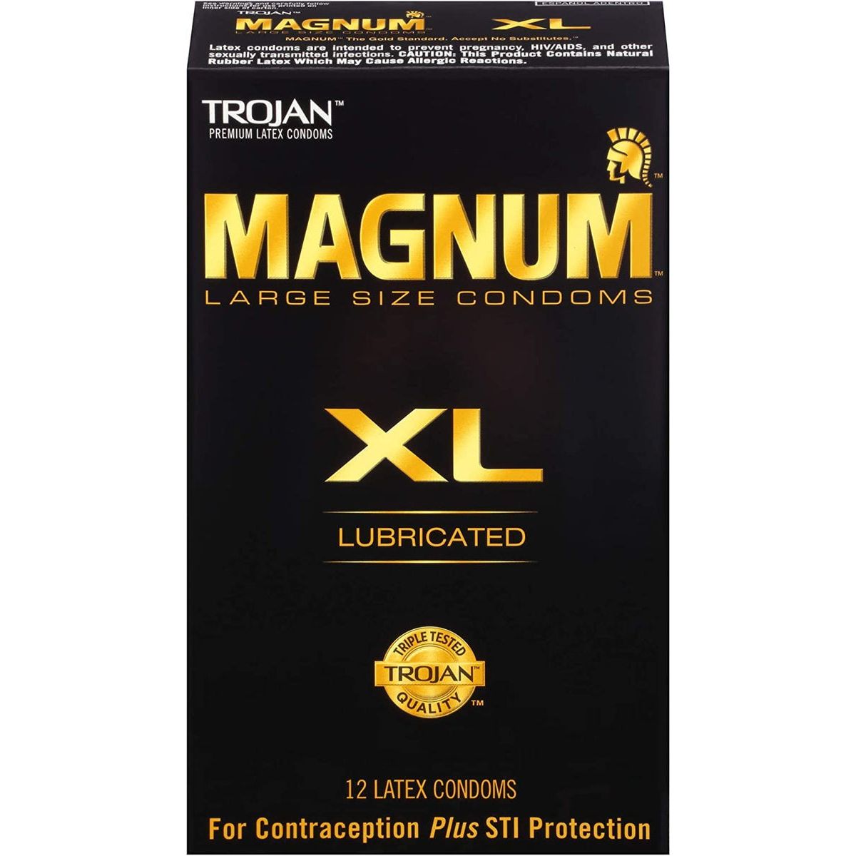 Trojan Magnum XL lubricated latex condoms, extra large size, shown in packaging with clear branding and product details