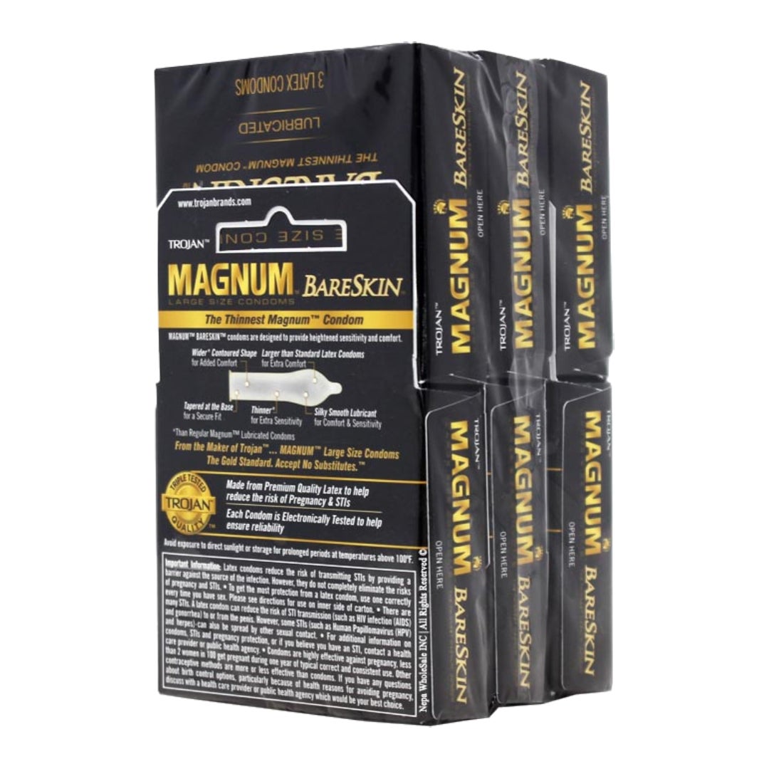 Trojan Magnum Bareskin lubricated latex condoms 3-pack, large size, shown in the image.