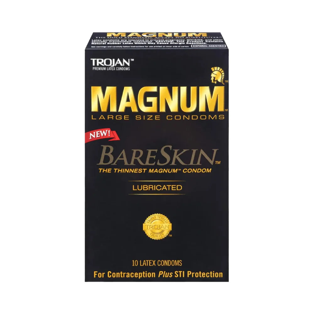 Trojan Magnum Large Size BareSkin lubricated latex condoms in packaging with clear branding and product details.