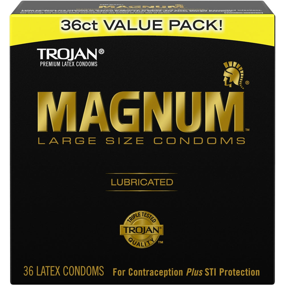 Trojan Magnum large size lubricated latex condoms, shown in packaging with clear branding and product details.