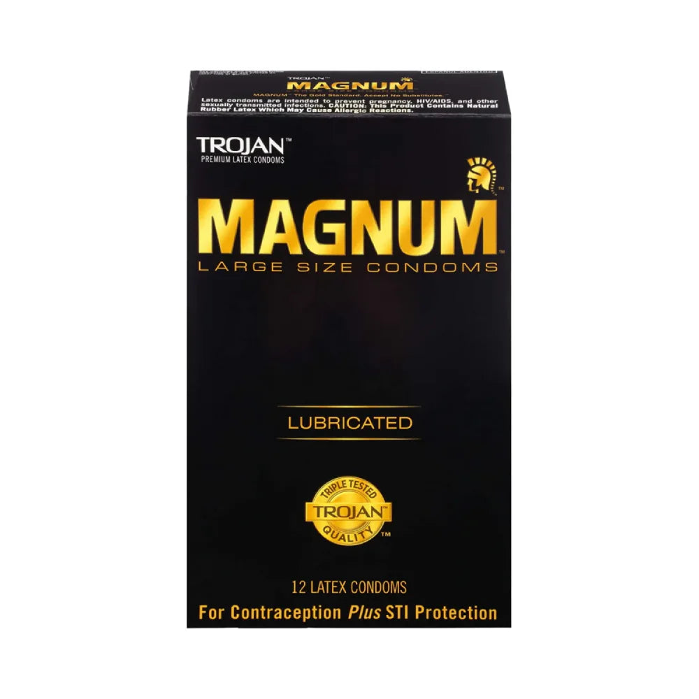 Trojan Magnum large size lubricated premium latex condoms in packaging, designed for enhanced comfort and protection.