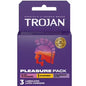Trojan Pleasure Pack 3 lubricated latex condoms, male contraceptive and protection product, displayed in open packaging.