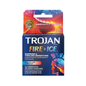 Trojan Pleasures Fire & Ice condoms in premium latex with dual action lubricant, displayed in packaging.