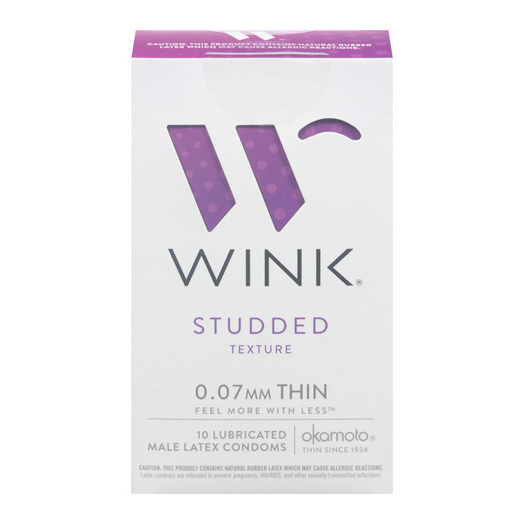 Wink Studded Texture Condoms by Pasteur Pharmacy, 10-pack, featuring extra stimulation and pleasure with a textured design.