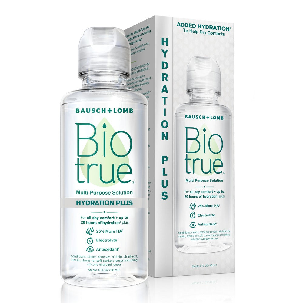 Biotrue Hydration Plus contact lens solution in a 4 oz bottle, designed for contact lens cleaning and hydration.