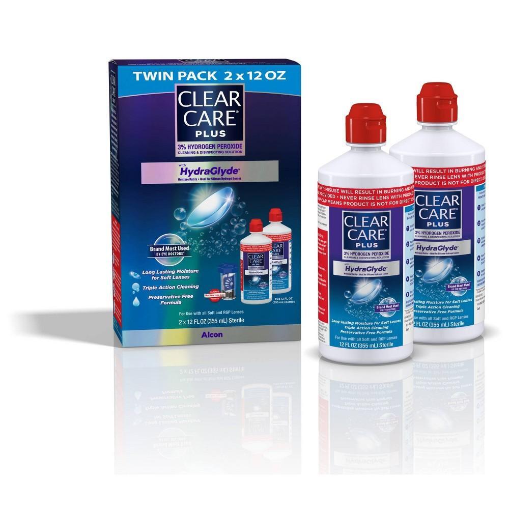 Clear Care Plus contact lens cleaning solution with HydraGlyde from Pasteur Pharmacy, in a clear bottle with a white cap.