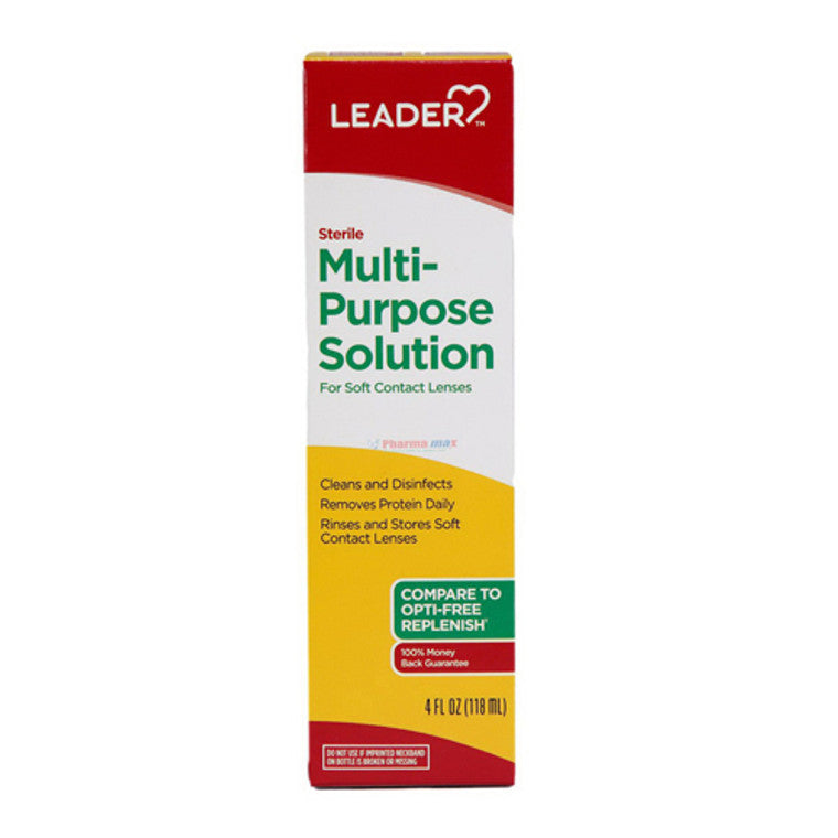 Leader Health Care Multi-Purpose Contact Lens Solution by Pasteur Pharmacy in a 4 oz bottle, suitable for cleaning and disinfecting lenses.