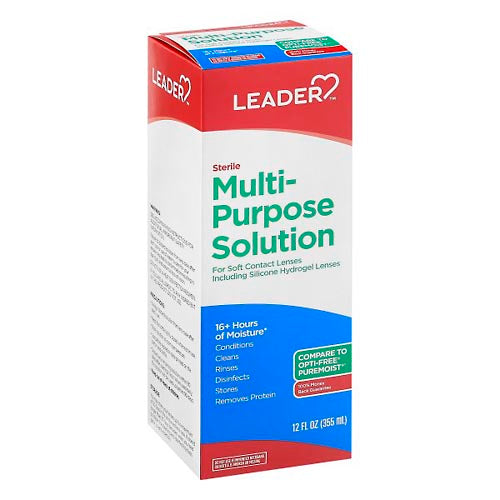 Pasteur Pharmacy Leader Multi-Purpose Contact Lens Solution 12 Oz bottle, clear liquid for lens cleaning and disinfecting.