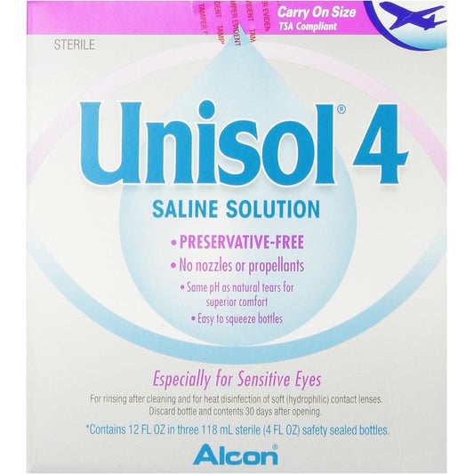 Unisol 4 preservative-free saline solution for contact lenses in a 12 oz bottle, by Pasteur Pharmacy.