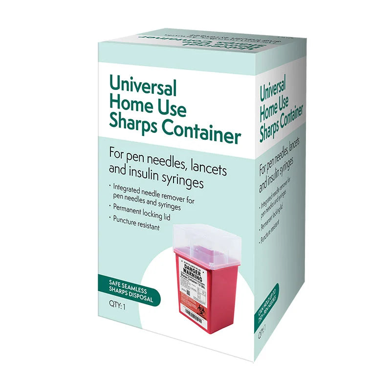 Universal home use sharps container by Pasteur Pharmacy, with a clear plastic container for safe disposal of needles and sharps.
