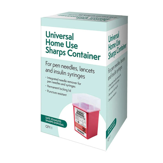 Universal home use sharps container by Pasteur Pharmacy, with a clear plastic container for safe disposal of needles and sharps.