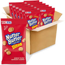 Nutter Butter Bites cookies in a large bag, 3 oz each, from Pasteur Pharmacy, shown in a 12-pack case.