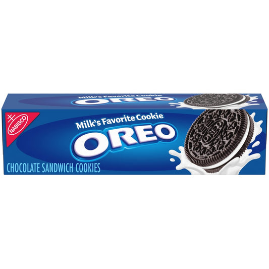 Chocolate Oreo sandwich cookies from Pasteur Pharmacy with creamy filling and classic chocolate wafer biscuits.