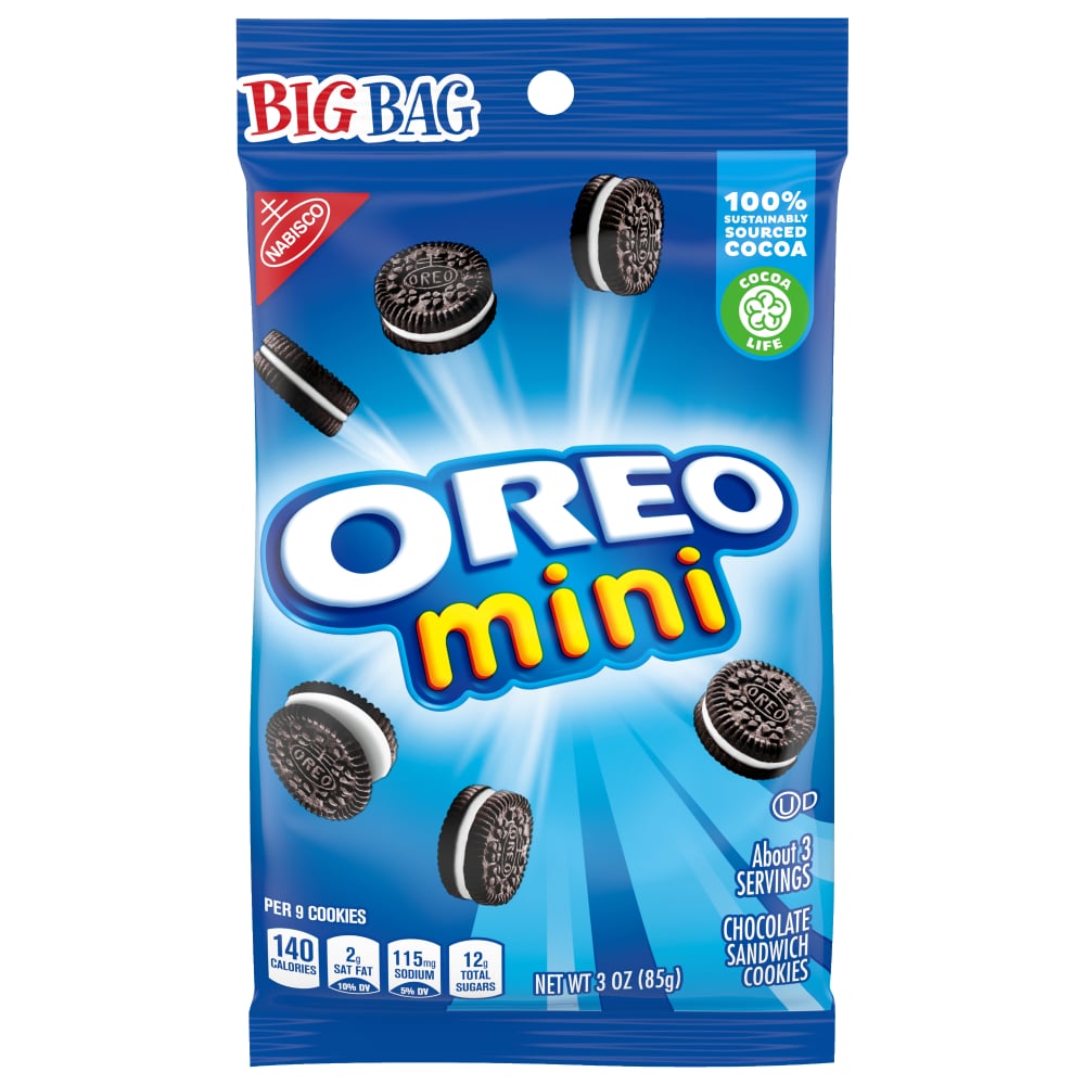 Mini Oreo chocolate sandwich cookies in a 3 oz big bag, from Pasteur Pharmacy, featuring classic black and white cookie design.