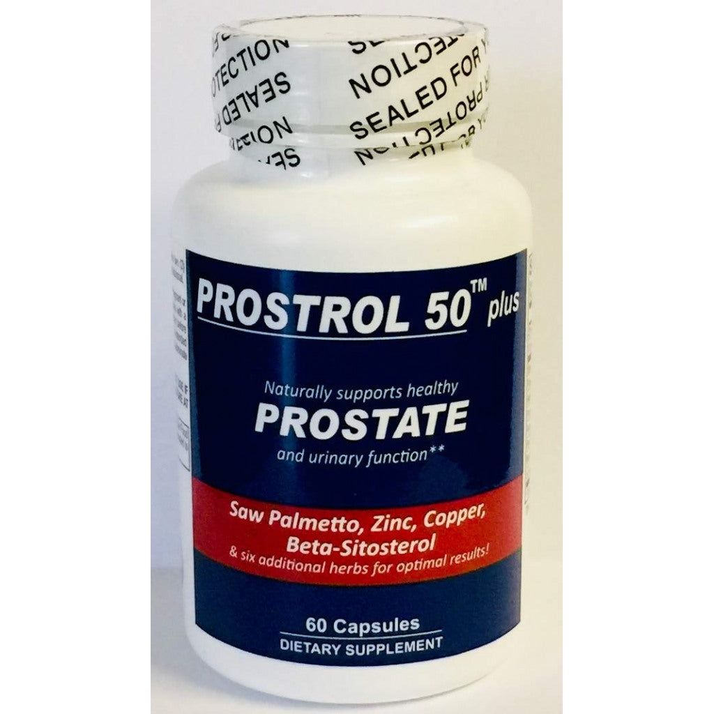 Prostrol 50 Plus prostate supplement with saw palmetto, zinc, copper, beta-sitosterol, and lycopene from Pasteur Pharmacy.