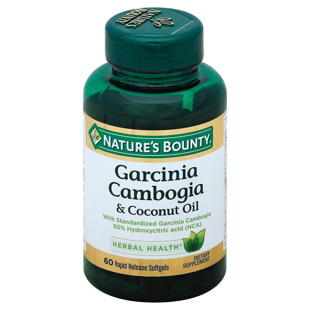 Nature's Bounty Garcinia Cambogia and Coconut Oil softgels in clear capsules, designed for rapid release and dietary supplement use.