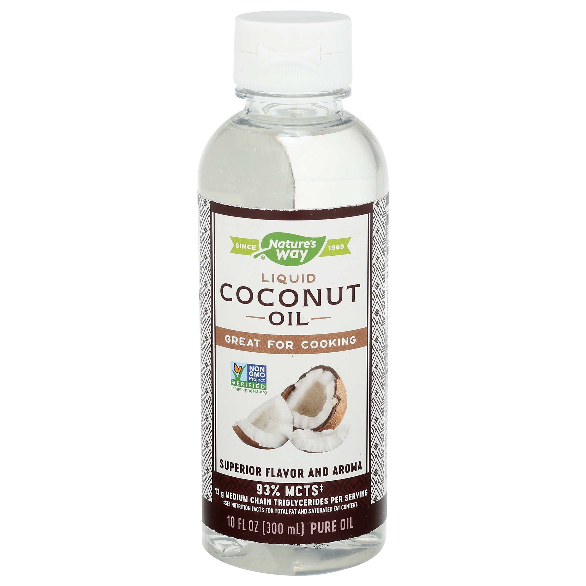 Pasteur Pharmacy Coconut Oil in a 10 fl oz bottle, natural liquid cooking oil by Nature's Way for versatile kitchen use.