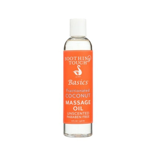 Pasteur Pharmacy Soothing Touch Fractionated Coconut Massage Oil in 8oz bottle, clear liquid cooking oil with a smooth texture.
