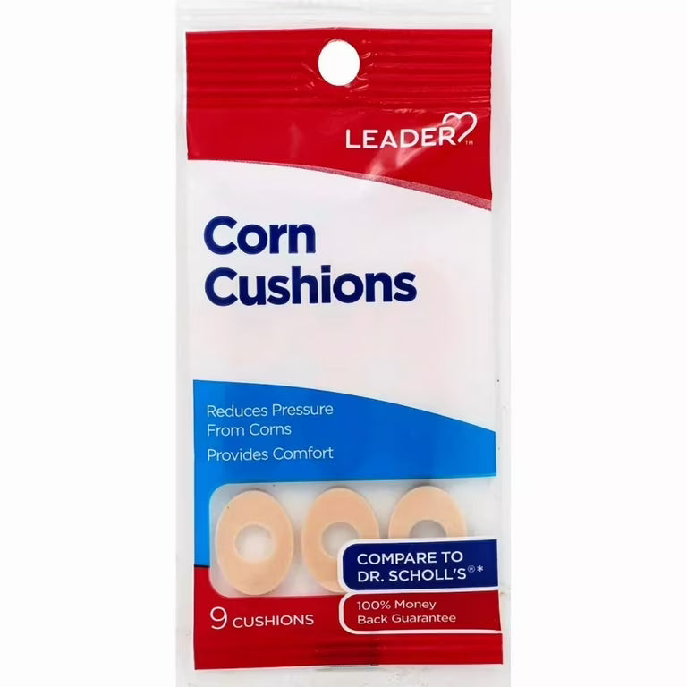 Leader Corn Cushions 18-pack soft foam pads for foot pressure relief, part of Pasteur Pharmacy's corn and callus care supplies.