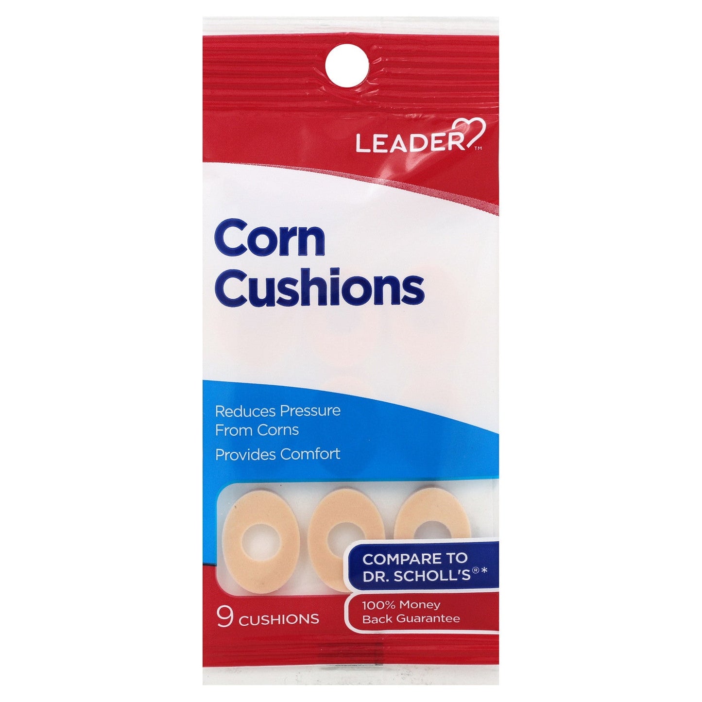 Leader Corn Cushions soft foam pads for pain relief, designed for corn and callus care, shown in a 9-count package.