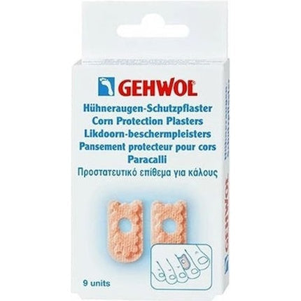 Gehwol Corn Protection Plasters on a blistered toe with 9 pieces for corn relief and skin protection.