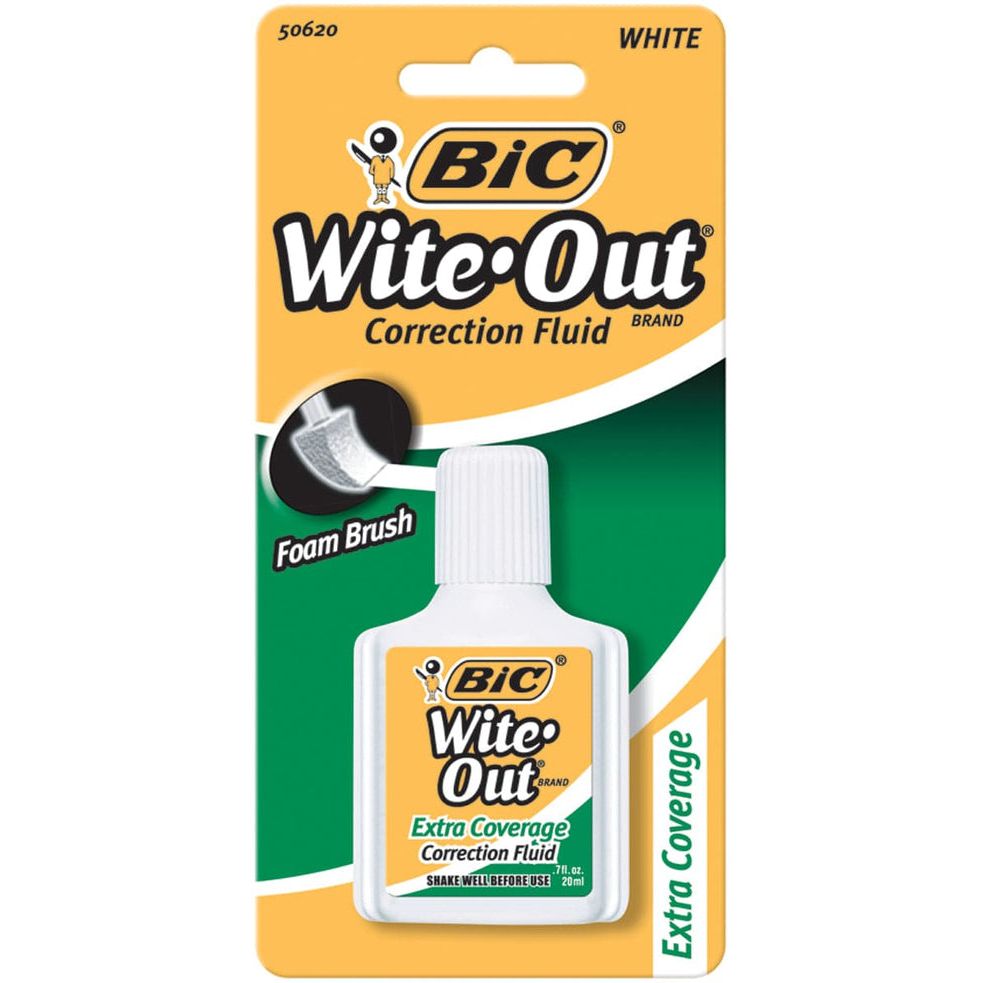 BIC Wite Out correction fluid in 0.7 fl oz bottle, white extra coverage correction fluid for erasing mistakes on paper