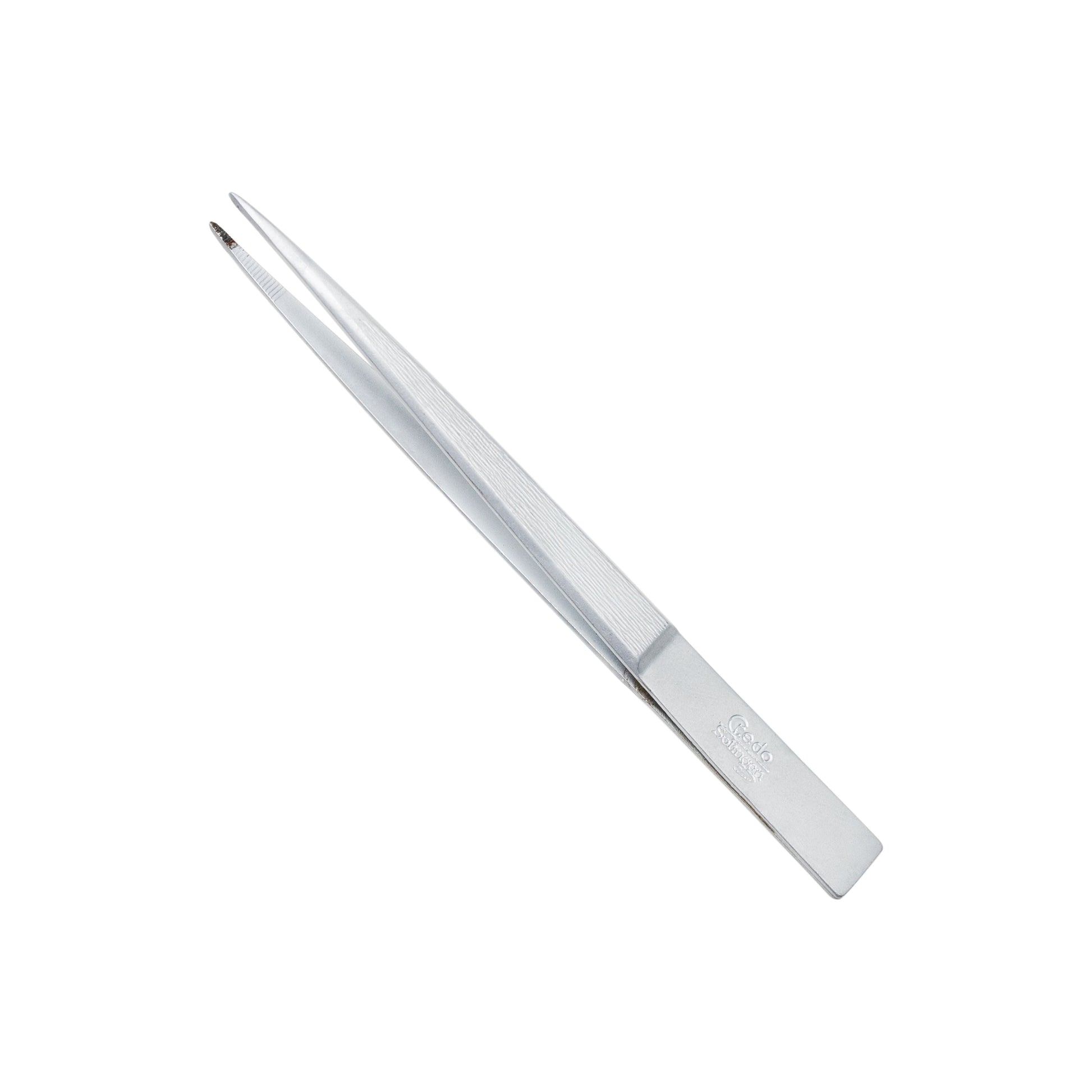 Pointed Credo Tweezers in 3-inch matte chromium finish, shown in blister pack, designed for precise cosmetic use.