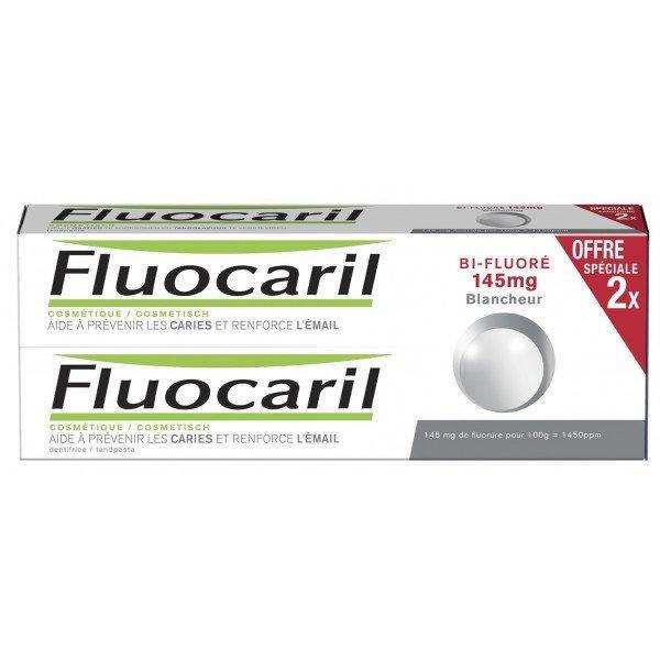 Fluocaril Dentifrice toothpaste in 2x75ml tubes, bi-fluoré 145mg, designed for whitening, from Pasteur Pharmacy.