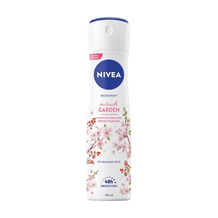 Nivea Miracle Garden Antiperspirant Spray with cherry blossom and red berries scent, 150ml, in a spray bottle.