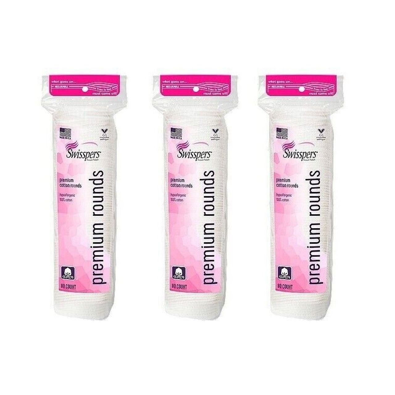 Swisspers hypoallergenic premium cotton rounds, soft cotton balls ideal for skincare and makeup removal, shown in a close-up image.
