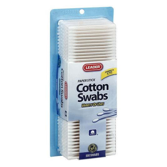 Leader™ Cotton Swabs with 100% pure cotton tips and paper sticks, ideal for ear cleaning and cosmetic use by Pasteur Pharmacy.