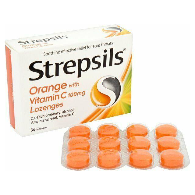 Orange Strepsils Vitamin C Lozenges for cough relief, 36 lozenges, Pasteur Pharmacy Cough & Cold Lozenges product image.