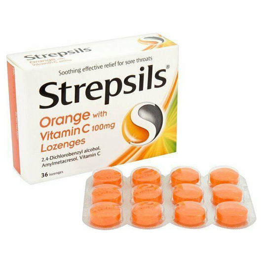 Orange Strepsils Vitamin C Lozenges for cough relief, 36 lozenges, Pasteur Pharmacy Cough & Cold Lozenges product image.