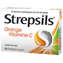 Strepsils Orange Vitamin C cough and cold medicine pastilles by Pasteur Pharmacy, 24 soothing lozenges in an orange flavor package