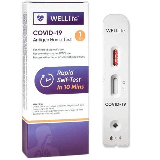 Wondfo WELL life COVID-19 Antigen Home Test kit by Pasteur Pharmacy, showing the test device and packaging for COVID-19 testing.