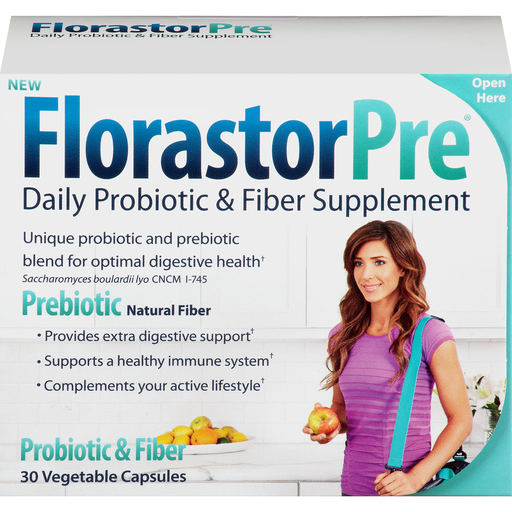 Florastor Pre Daily Probiotic and Fiber Supplement box by Pasteur Pharmacy, containing 30 craft fibers for digestive health.
