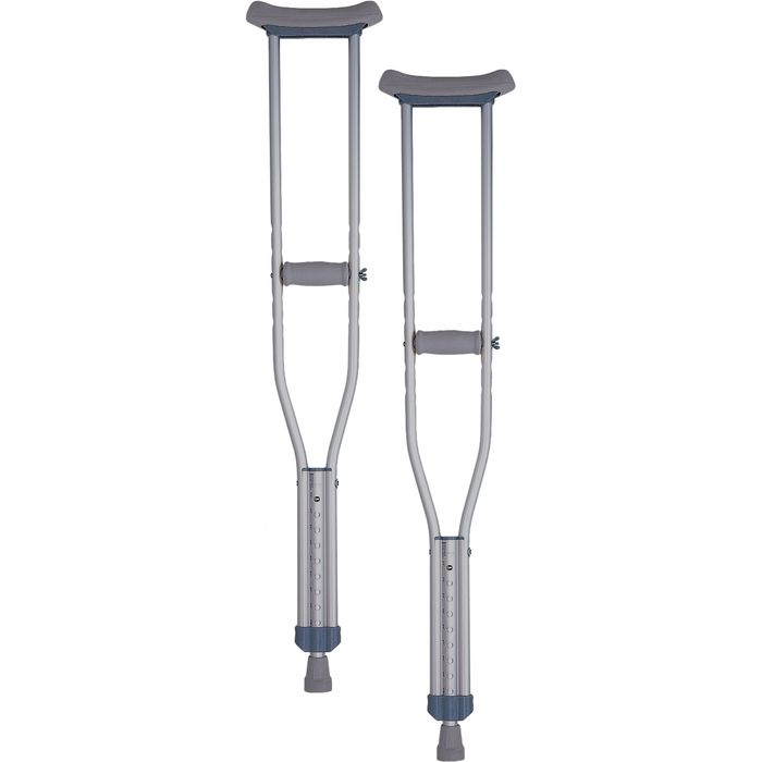 Pediatric aluminum crutches by Pasteur Pharmacy with adjustable height and padded hand grips for comfortable support.