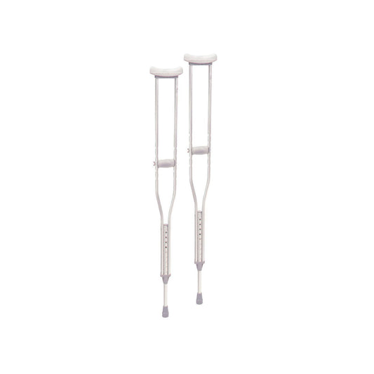 Youth crutches with accessories in the image, suitable for patients 4 ft 6 in to 5 ft 2 in, by Pasteur Pharmacy.