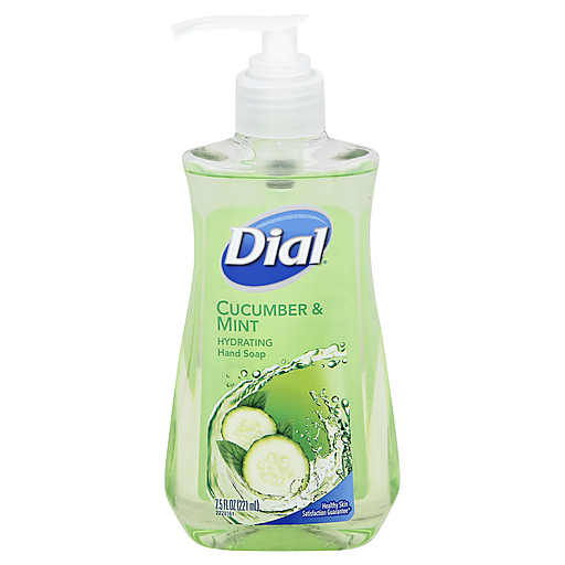 Dial Liquid Hand Soap with cucumber and mint scent in a 7.5 oz bottle, featuring fresh cucumbers and mint leaves.