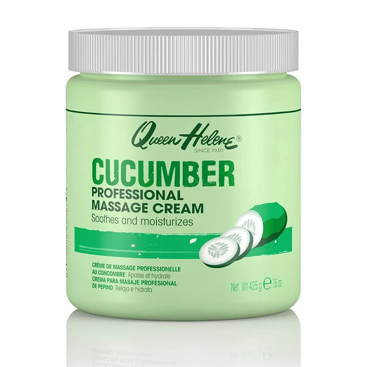 Queen Helene Cucumber Massage Cream jar with fresh cucumber slices, highlighting the soothing skincare product.