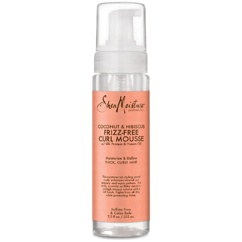 SheaMoisture Coconut & Hibiscus Frizz-Free Curl Mousse in 220ml bottle, natural curly hair styling product.