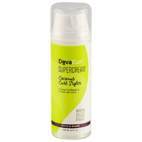 DevaCurl SuperCream Coconut Curl Styler in 5.1 oz jar, smooth and define curly hair with coconut-infused styling cream