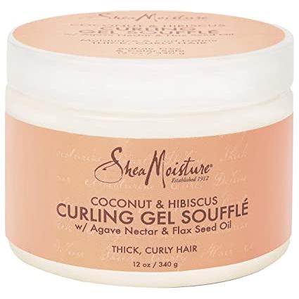 SheaMoisture Coconut & Hibiscus Curling Gel Souffle in 12 oz jar, showcasing its creamy texture and vibrant packaging.