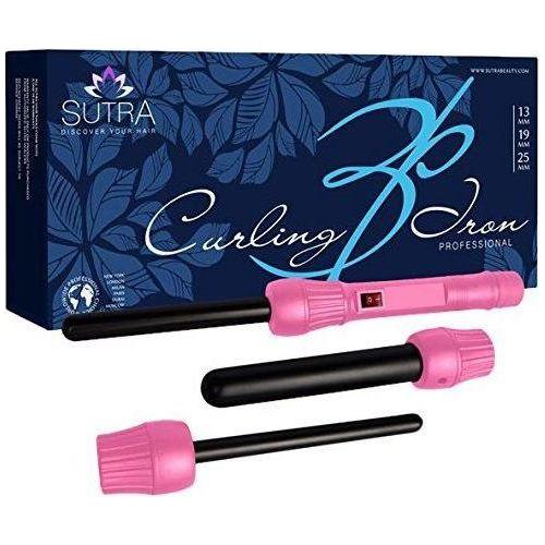Pink Sutra Beauty triple barrel curling iron with interchangeable barrels, designed for creating smooth, defined curls.