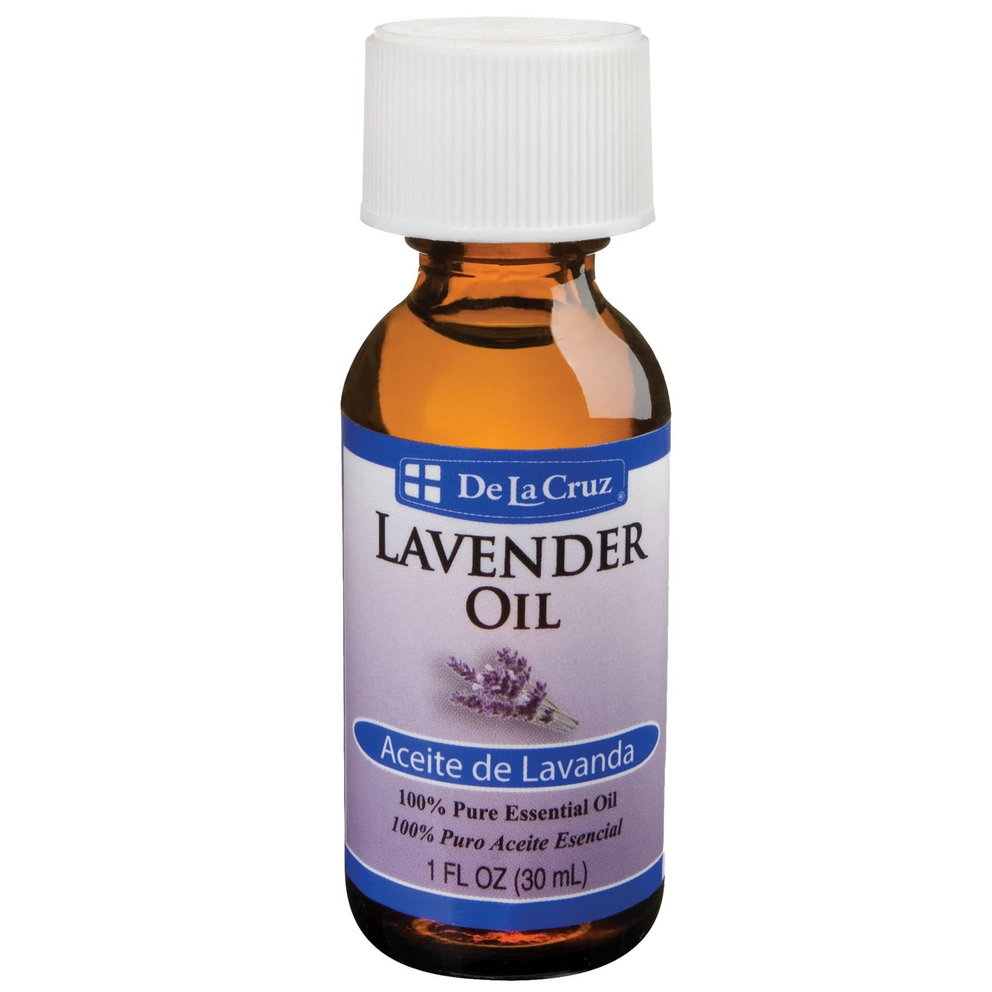 De La Cruz 100% Pure Lavender Essential Oil in a small glass bottle with dropper, used for cuticle care and aromatherapy.