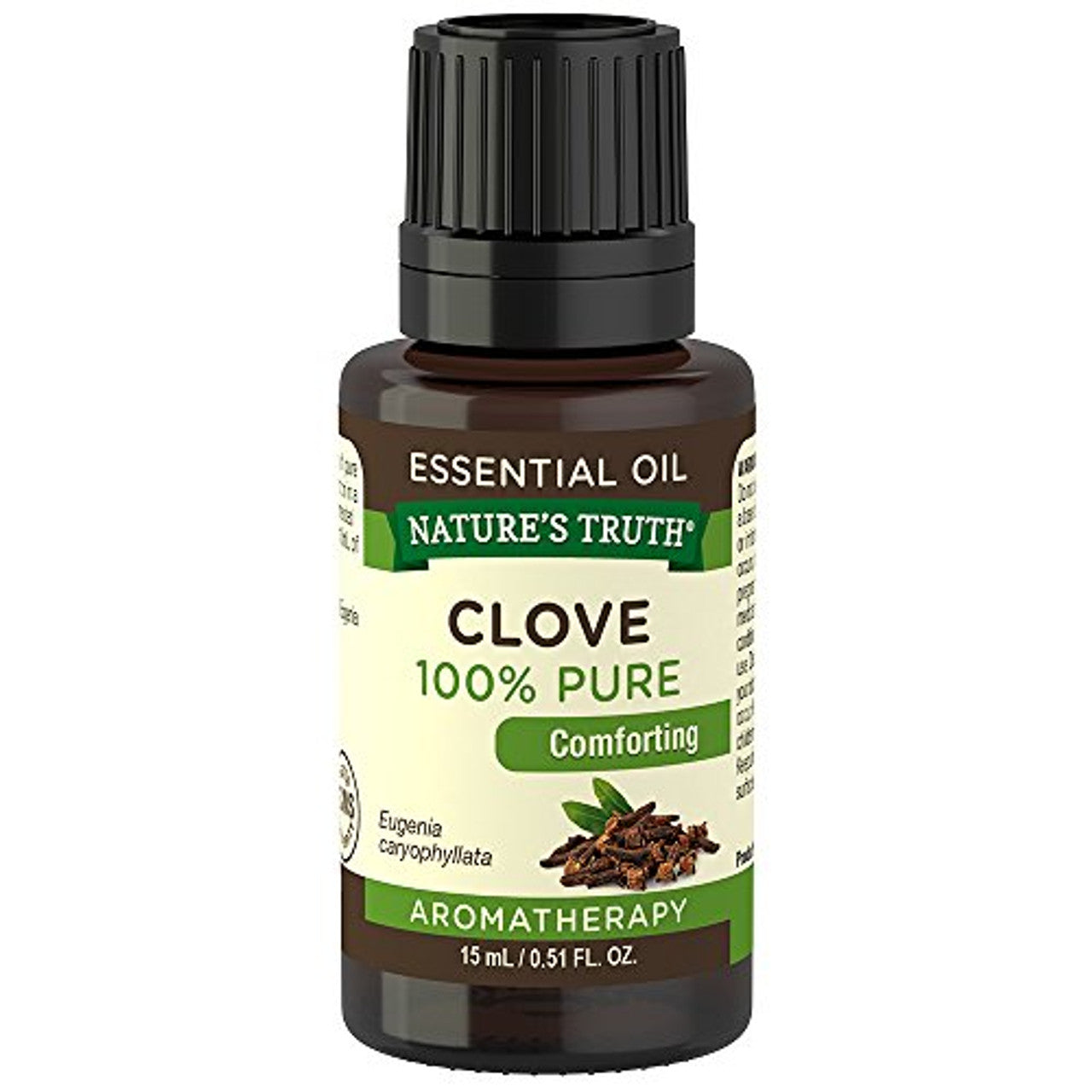 Nature's Truth comforting clove essential oil in a 0.51oz bottle, used for cuticle care and skin soothing.