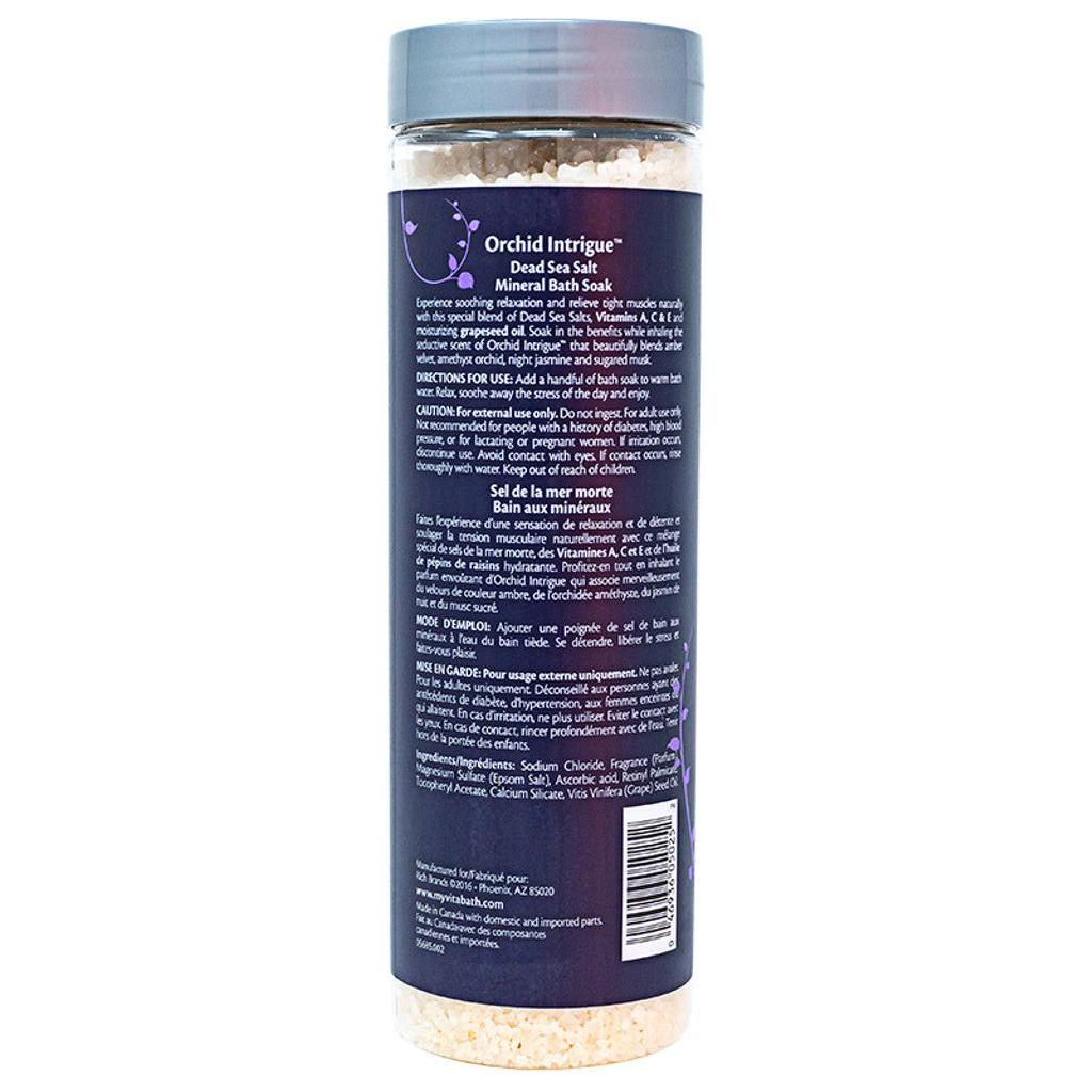 Pasteur Pharmacy Vitabath Orchid Intrigue Dead Sea Salt 27 oz, natural mineral bath salt with orchid fragrance, in a clear jar